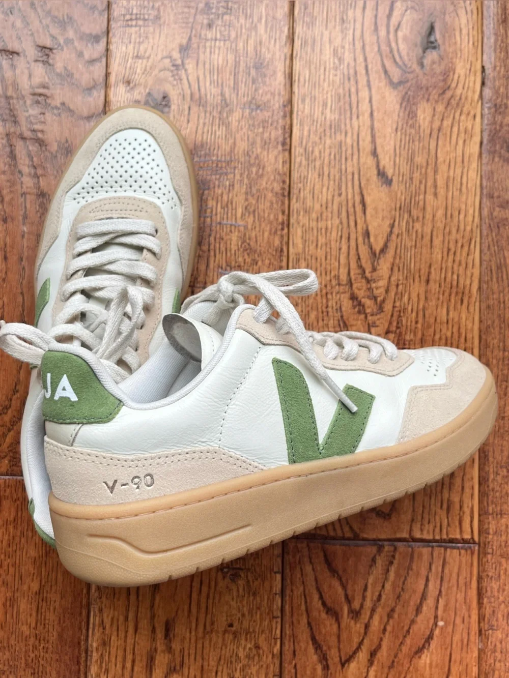 Veja V-90 Leather Sneakers in White, Almond & Kiwi